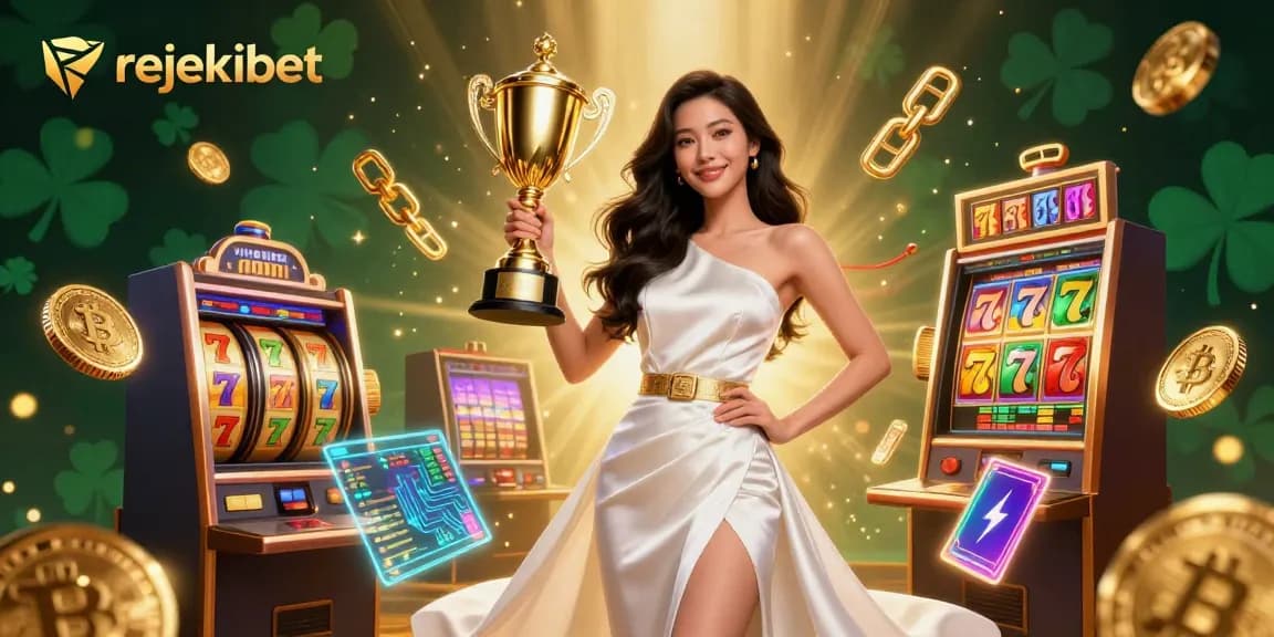 Win big with rejekibet at the slot machines, featuring a triumphant woman celebrating her jackpot.