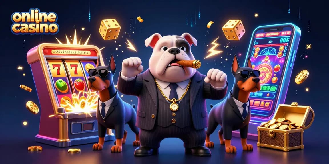 Experience the thrill of an online casino with cartoon mafia characters and vibrant game elements.