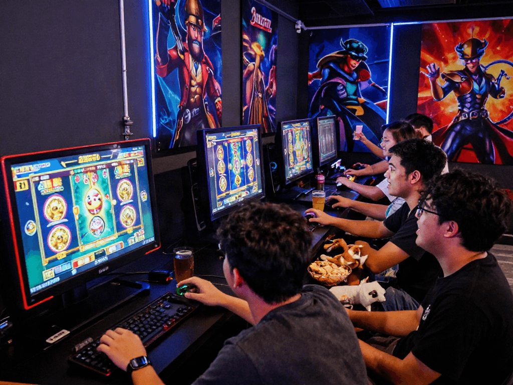 Friends enjoying a casual gaming night focused on slot gacor games with vibrant graphics and snacks.
