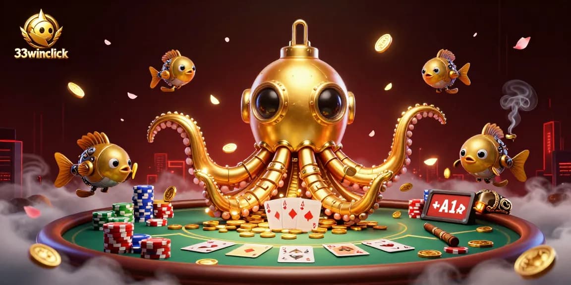 Engage with 33winclick through a vibrant 3D casino scene featuring a golden kraken submarine.