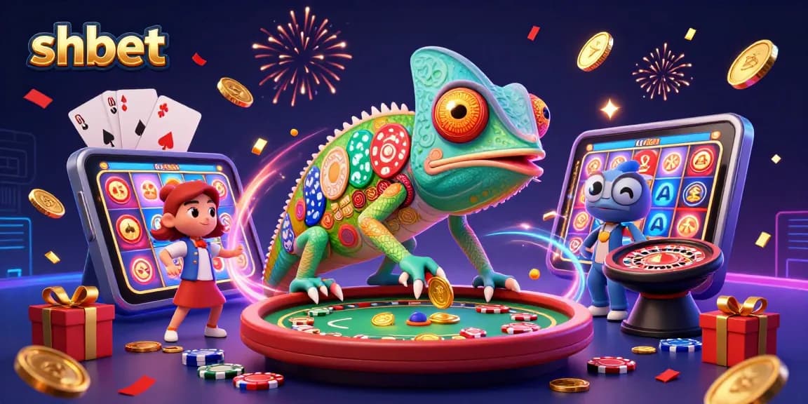 Experience the excitement of shbet with a vibrant casino scene featuring a chameleon owner, dynamic games, and golden coins!