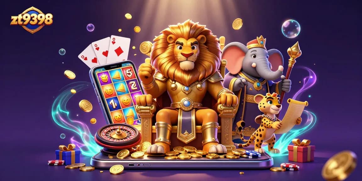 Engage with the vibrant zt9398 online casino experience featuring a cartoon lion king, casino elements, and thrilling prizes.