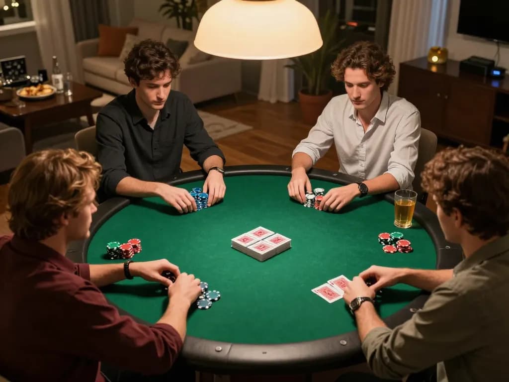 Friends enjoy a poker night at home with w4u strategy discussions and friendly competition