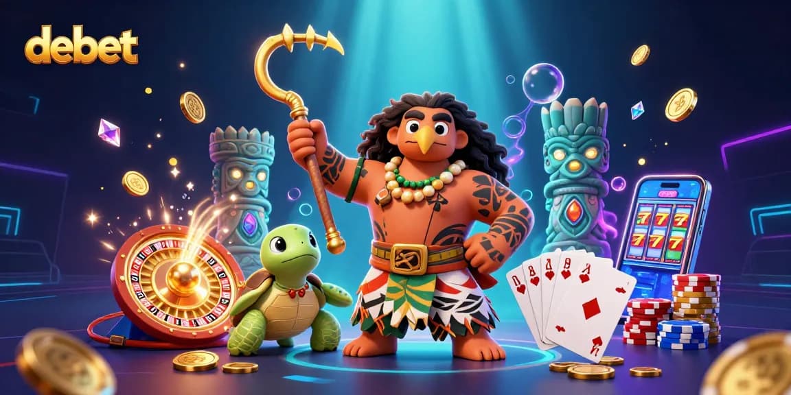 Play and win with debet at this vibrant casino scene featuring exciting games and characters.