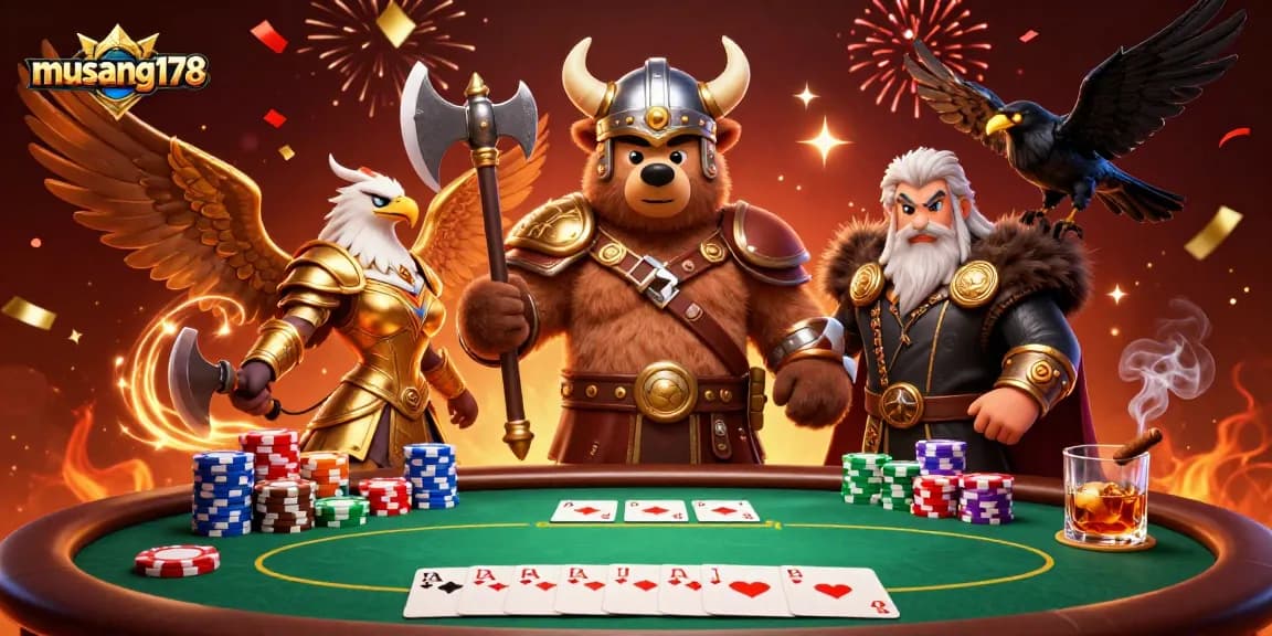 Bermain poker di musang178 dengan tumpukan chip yang berwarna-warni dan kartu royal flush yang dramatis.