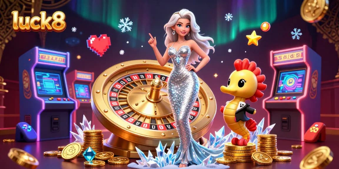 Experience the thrill of luck8 with vibrant casino action and charming characters in a dynamic illustration.