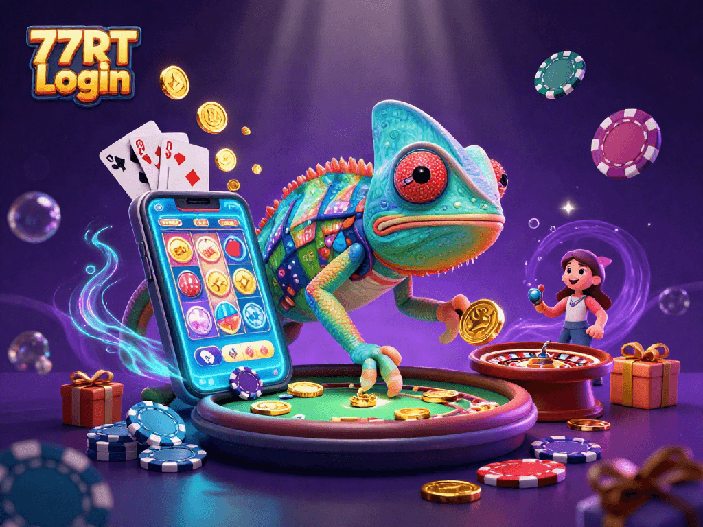 Engage with 77RT Login featuring a vibrant chameleon casino owner amidst dynamic gaming elements.