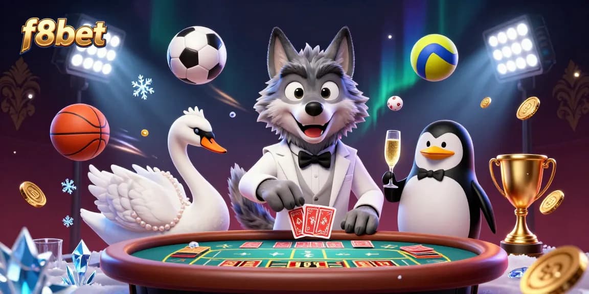 Experience thrilling betting action with f8bet as a wolf, swan, and penguin celebrate at a vibrant casino.