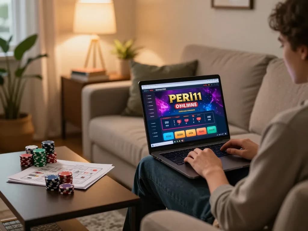 Enjoying online gaming at home with PERI11, showing casino interface and betting strategies.