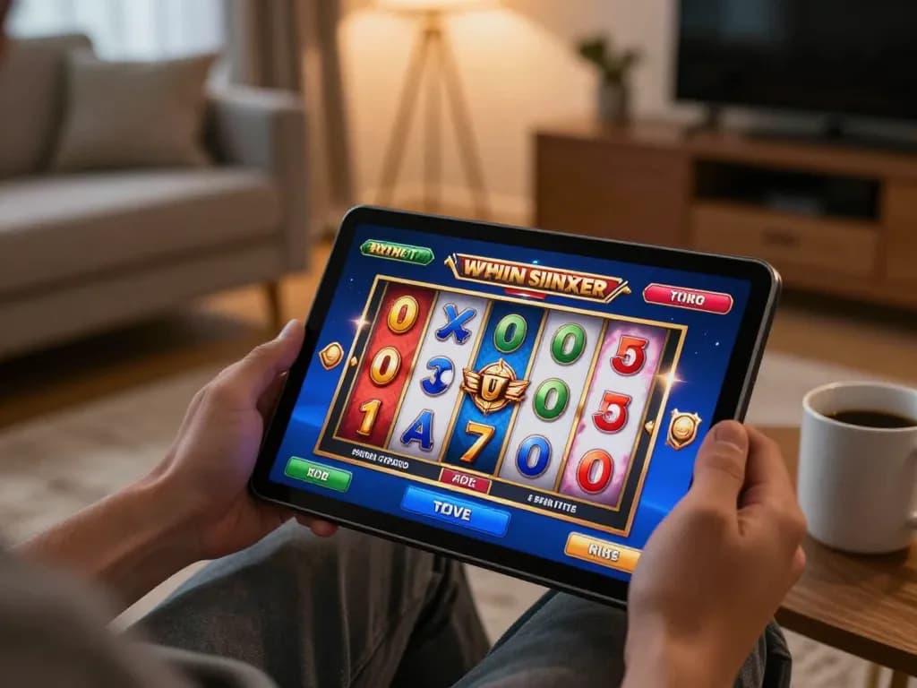 Player enjoying slot gacor game on tablet in cozy home setting, focusing on winning strategies