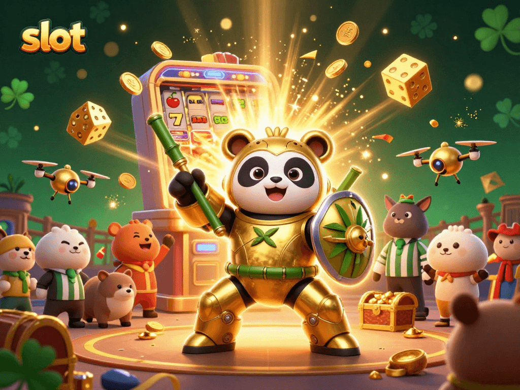 Experience thrilling slot gameplay with a dynamic 3D illustration depicting vibrant casino elements.
