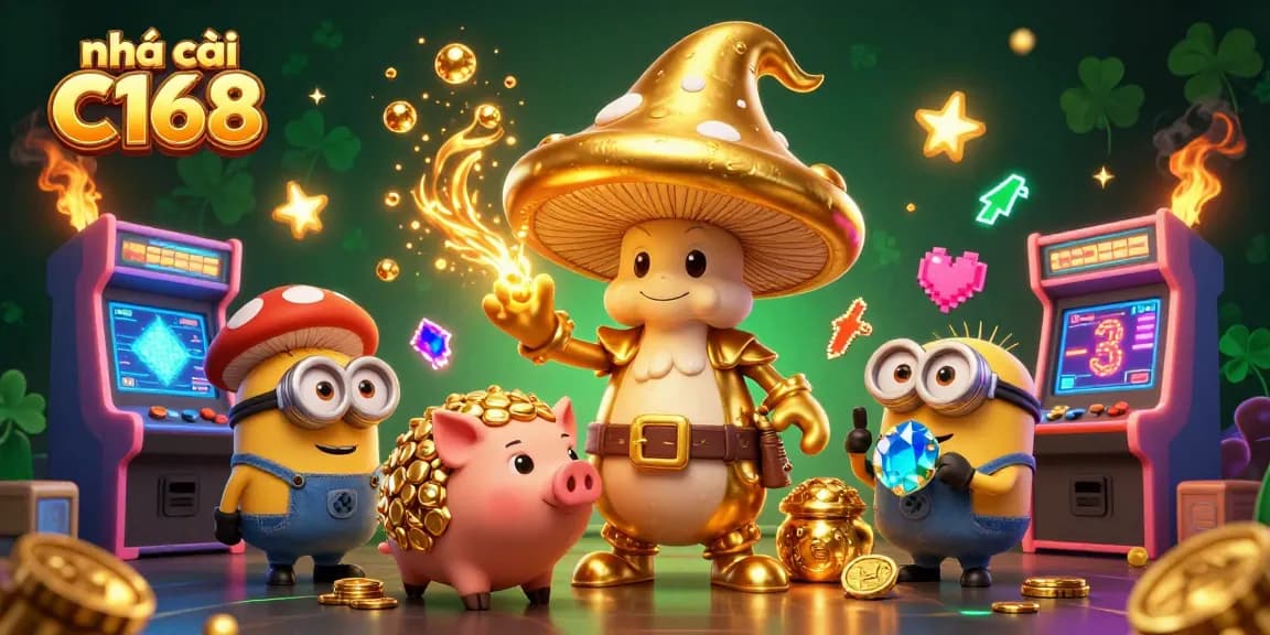 Win big at nhà cái C168 with vibrant 3D gaming illustration featuring magical characters and casino elements.