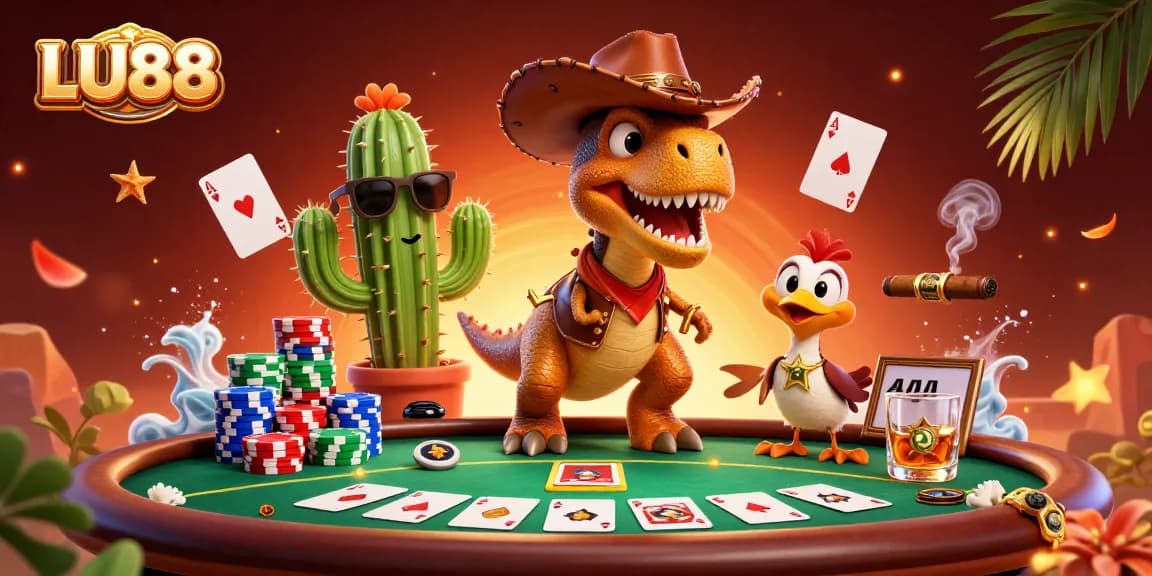 LU88 energizes players with a dynamic poker scene featuring a T-Rex and friends.