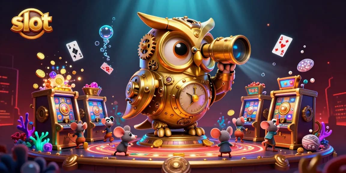 Engage with thrilling slot machines in a vibrant casino scene featuring colorful elements and a golden owl.