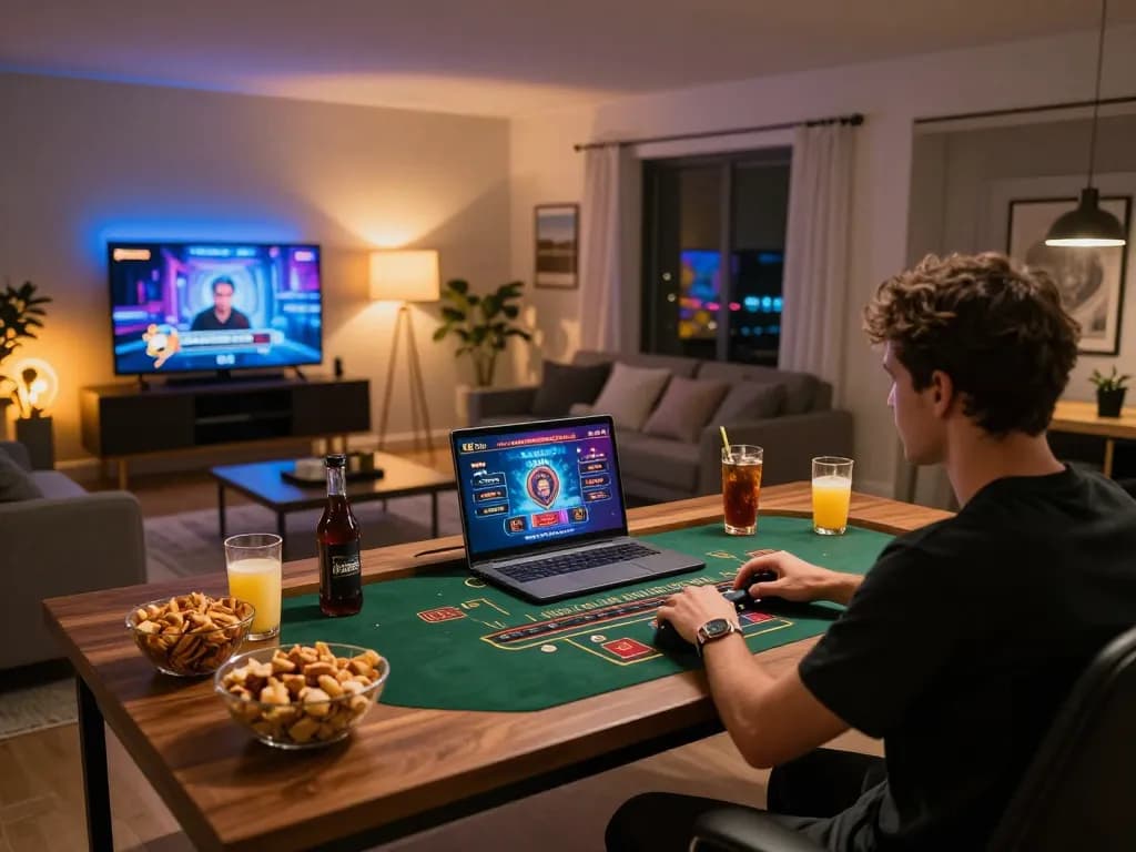 hi88 player enjoying live dealer game on laptop in cozy home setup