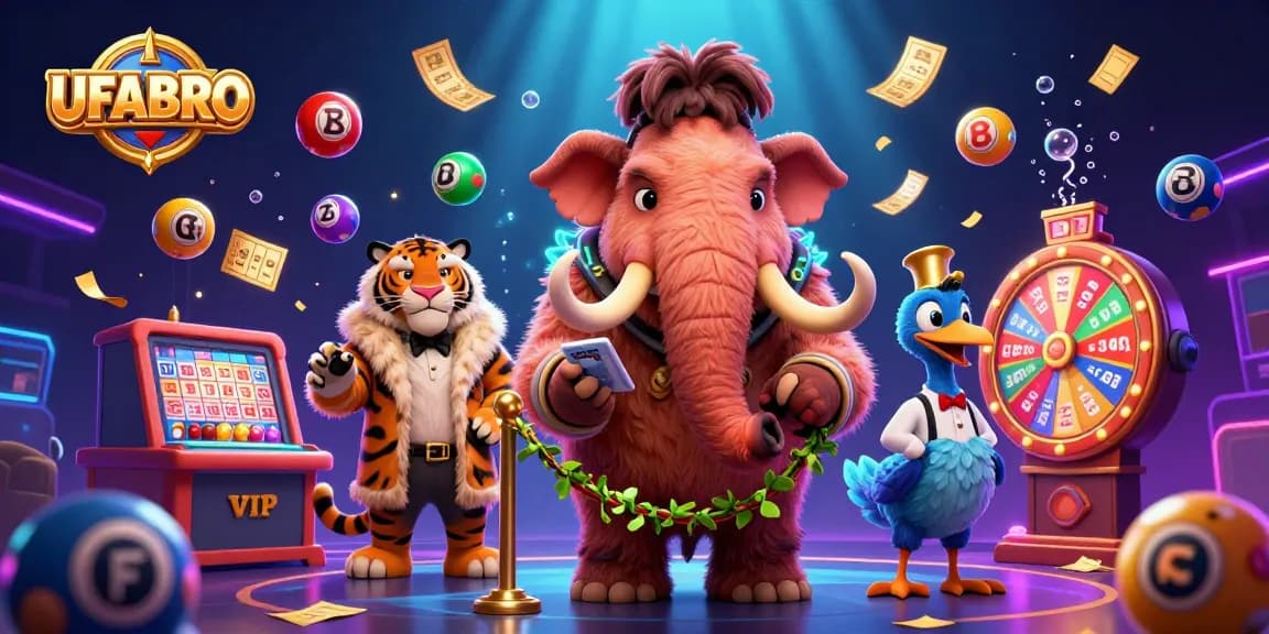 UFABRO invites you to enjoy an exciting casino experience with dynamic elements like colorful bouncing lottery balls and a VIP entry scene.