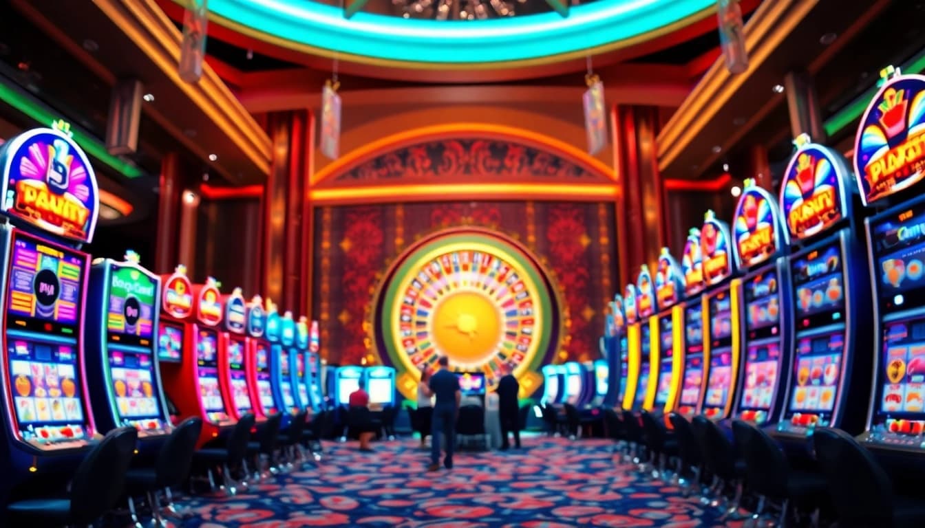 Menggairahkan suasana kasino dengan inultogel yang ceria dan penuh warna, pemain beraksi.