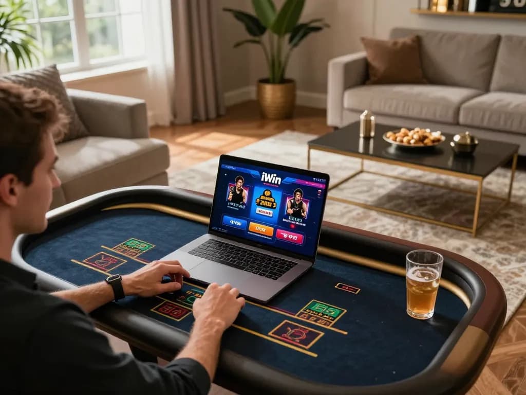 iWin player engaged in live-dealer game at stylish home gaming setup