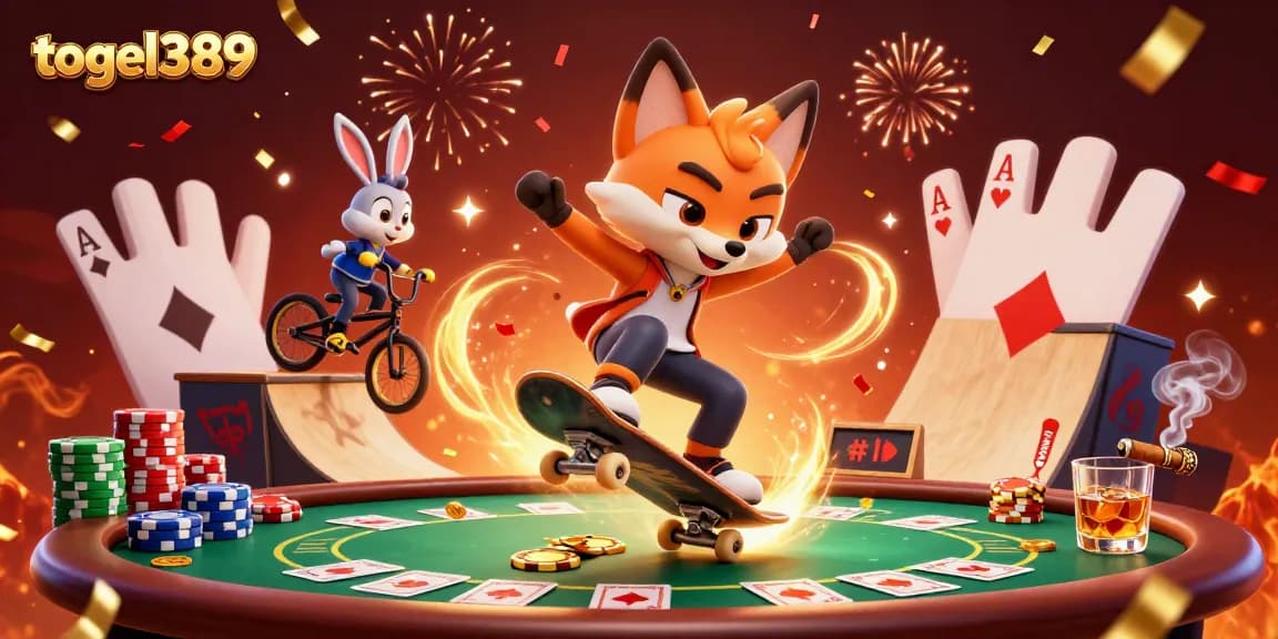 Engage with togel389 as the 3D fox and rabbit perform tricks on poker chips in a thrilling casino setting.