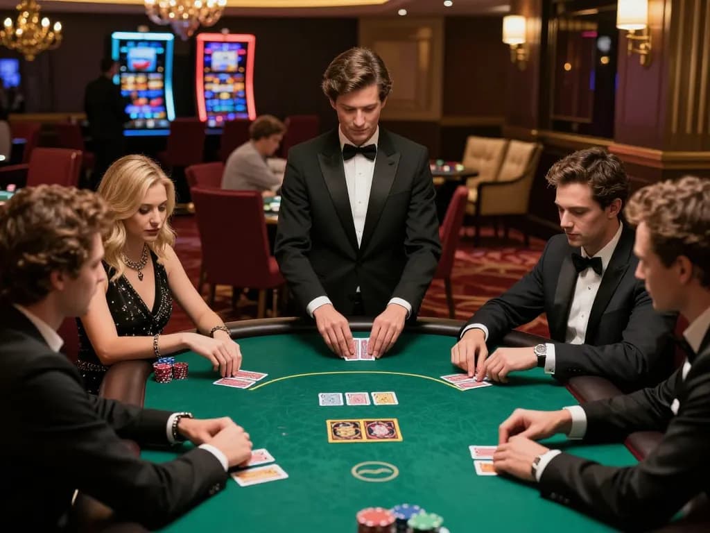 Fly88 players strategizing at a high-stakes poker table in a luxurious casino.