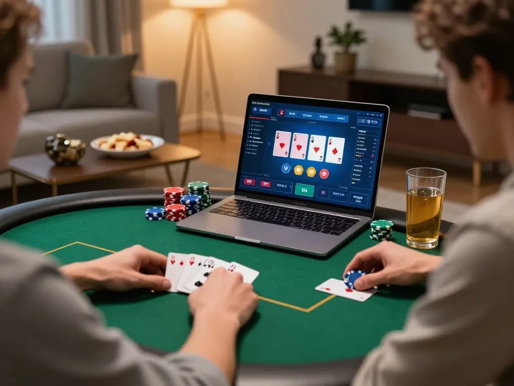 Player enjoying an online poker game with 32win chips and cards in focus