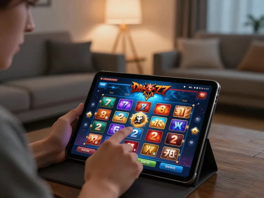Pengguna yang terlibat berinteraksi dengan aplikasi perjudian dragon77 di tablet dalam suasana rumah yang nyaman, fokus pada permainan dan strategi