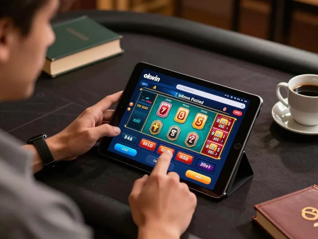 Player engaging with the okwin app on a tablet for an immersive online gambling experience.