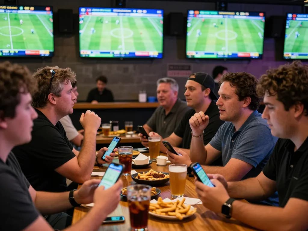 Engaging scene of sports fans actively placing bets on keo nha cai 5 while watching live football games.
