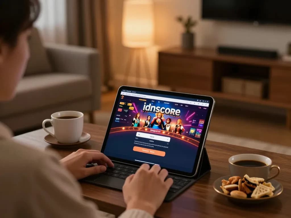 Engaging home scene where a user logs into login idnscore for online casino gaming, featuring tablet and cozy decor.
