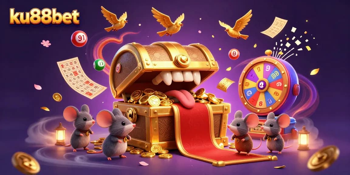 Engage with ku88bet in a vibrant 3D scene filled with lottery elements and captivating treasures.