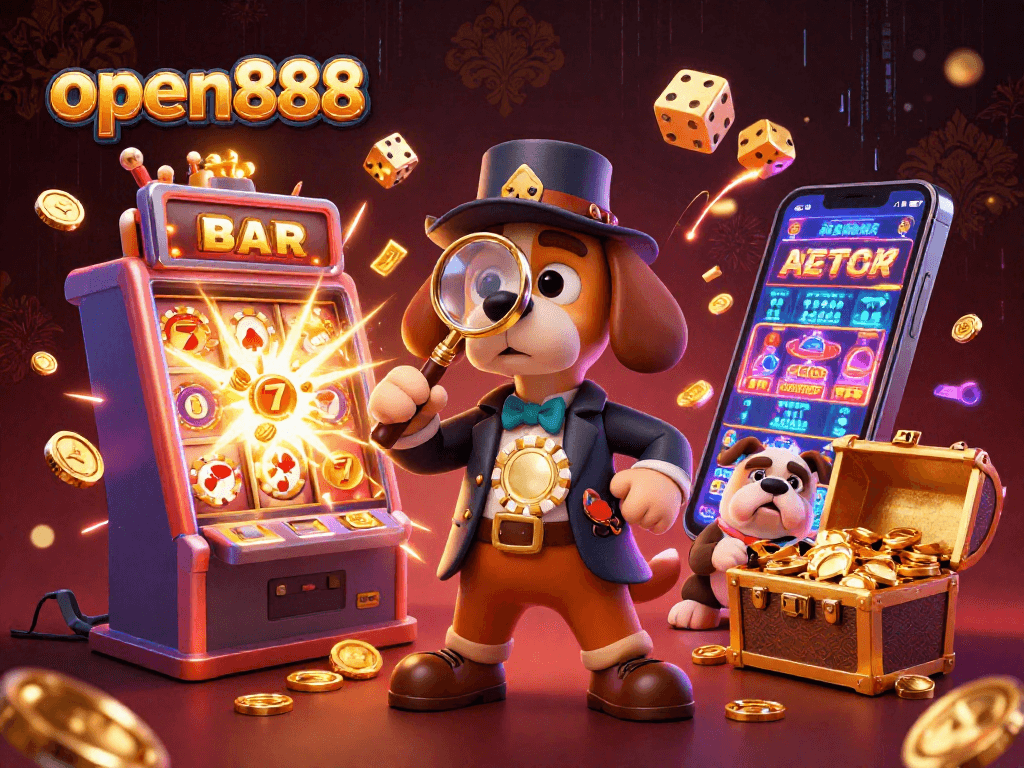 Experience the thrill of open888 as the detective investigates a golden poker chip amidst slot machine explosions.