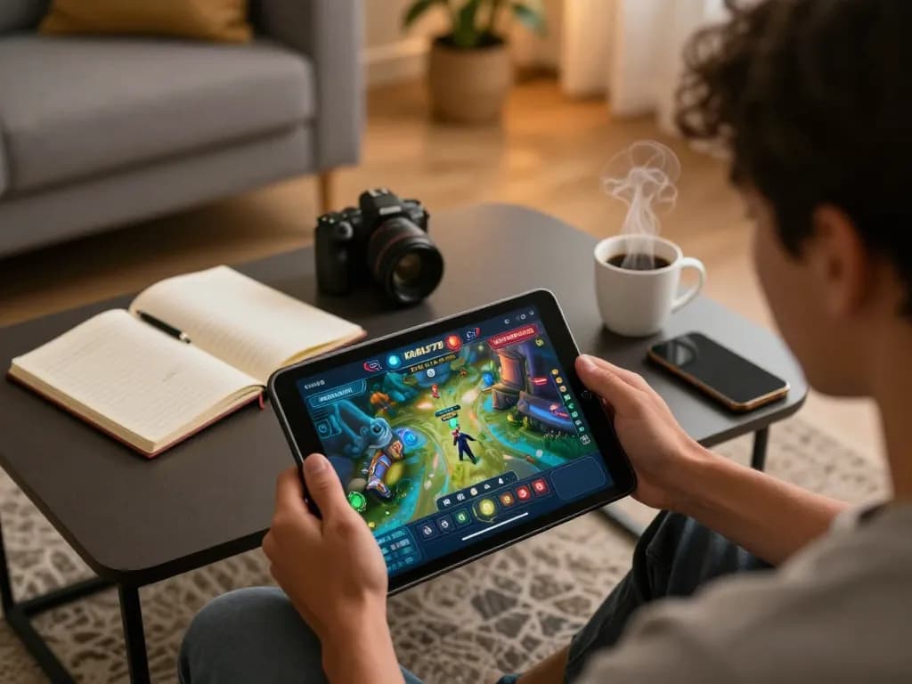 KADAL778 player engaging in an online casino game on a tablet amidst a stylish and cozy living room.