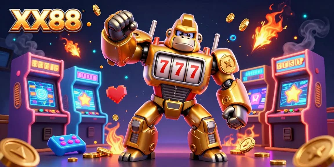 Experience the vibrant action of XX88 with a golden gorilla mech in a rich casino landscape, bursting with game elements.