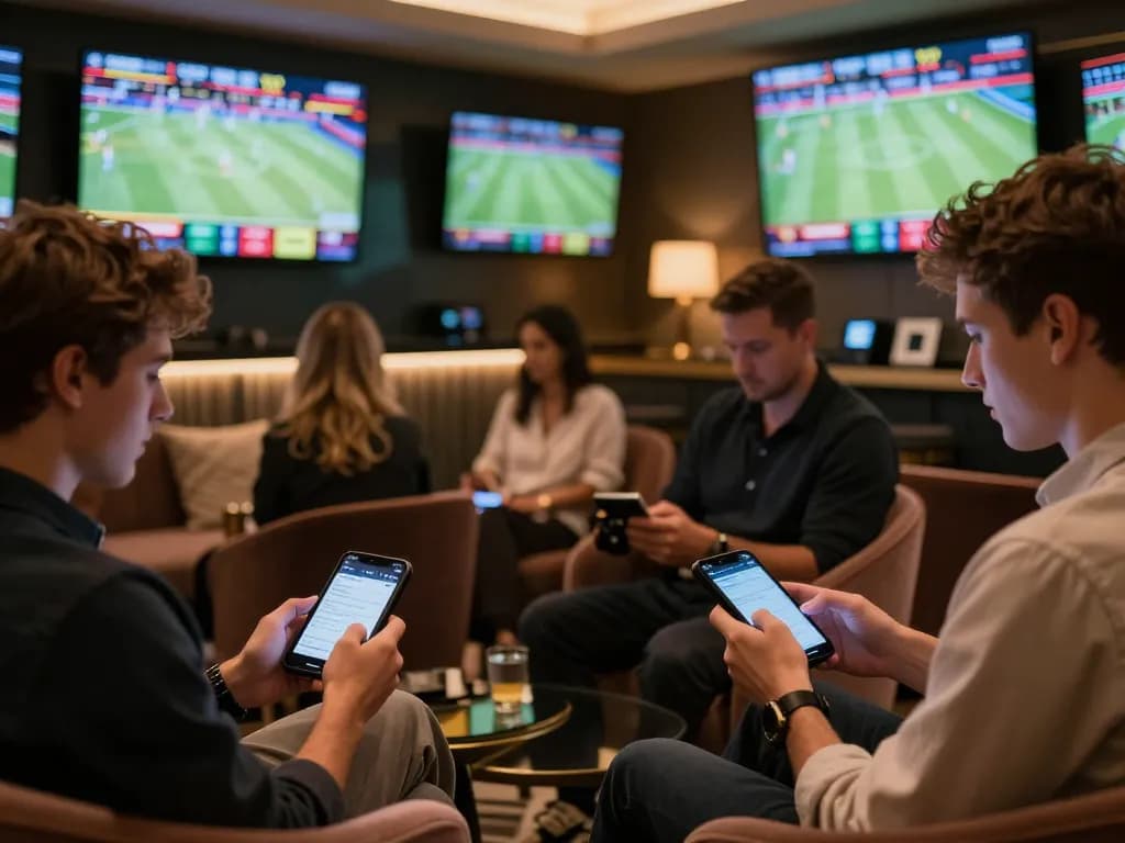 Engaged bettors celebrating their wins at TG88's upscale sports betting lounge.