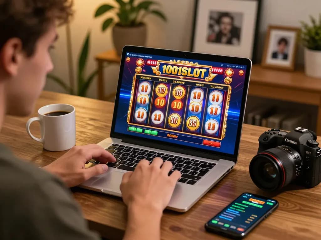 Engaged player spinning reels on 1001SLOT while enjoying a cozy home gaming setup