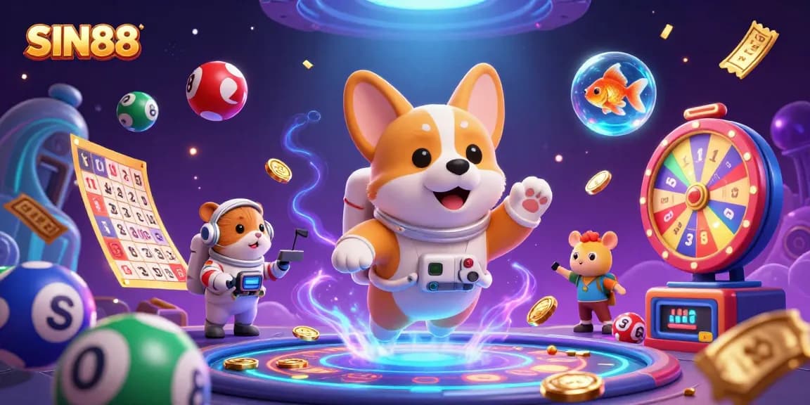 SIN88 elevates your gaming experience with a cosmic casino adventure featuring animated characters and vibrant lottery details.