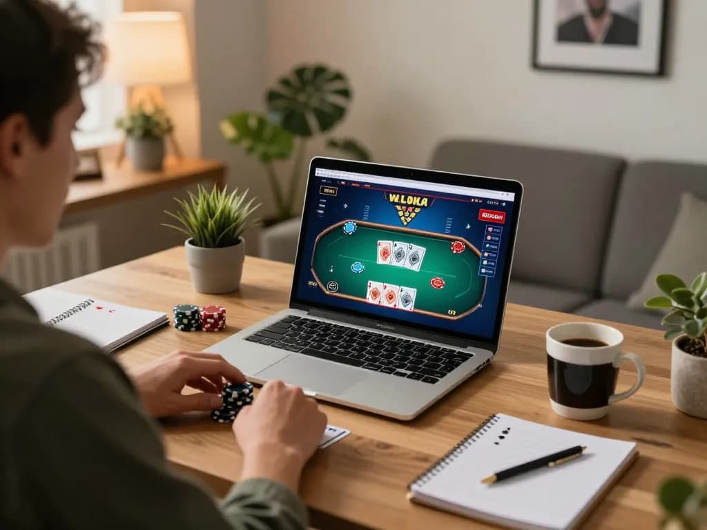 Player strategizing in a home setting while using luck88com to enjoy online poker, emphasizing immersive gameplay.