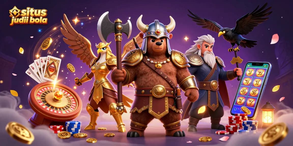Win big in situs judi bola with thrilling 3D characters amid cascading coins and a roulette wheel.