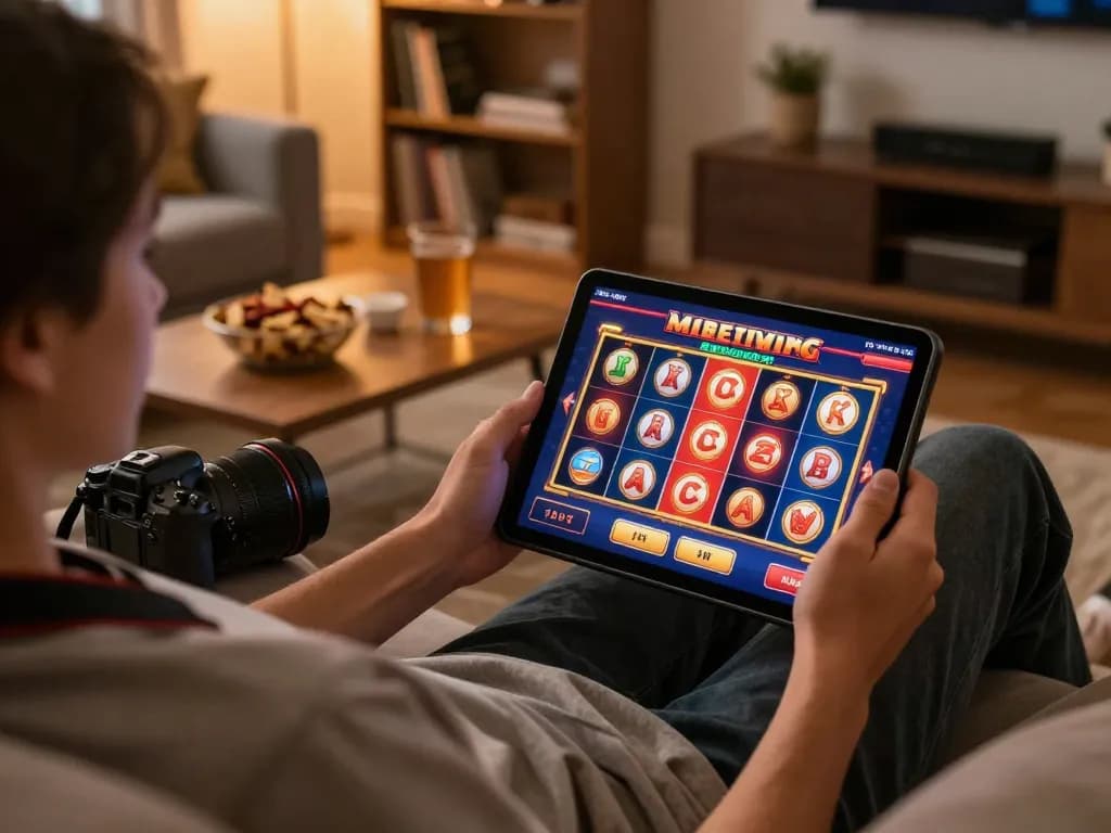 uu88 player engaging in an online slot game on a tablet in a cozy home setting