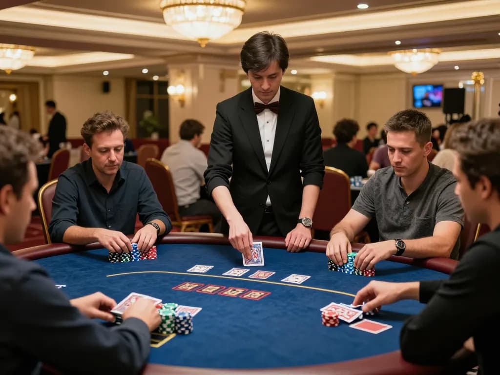 Kuwin poker action during captivating gameplay at an upscale casino table with colorful chips.