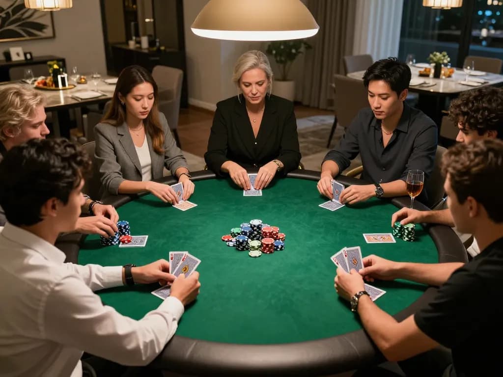 Friends at a poker game with 789club chips, enjoying a strategic night of gaming and camaraderie