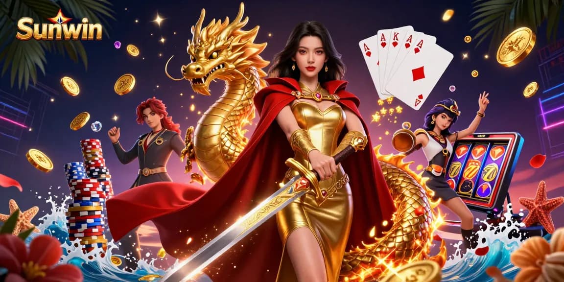 Experience exciting gameplay with Sunwin, showcasing vibrant casino elements and a warrior queen.