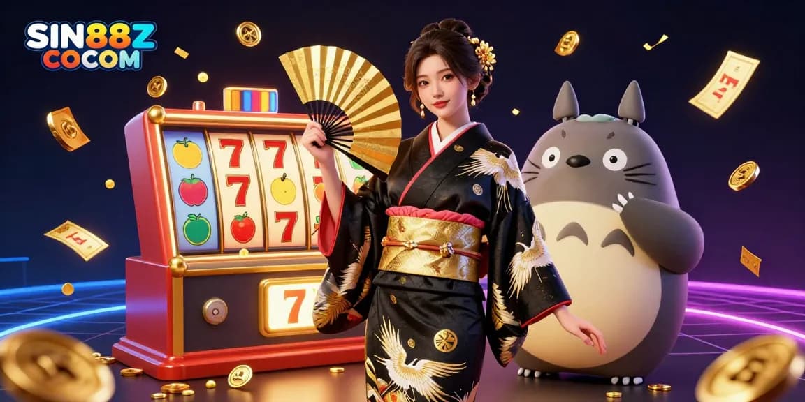 SIN88Z COCOM showcases a vibrant casino scene with an Asian woman and a tanuki amidst dynamic slot reels.