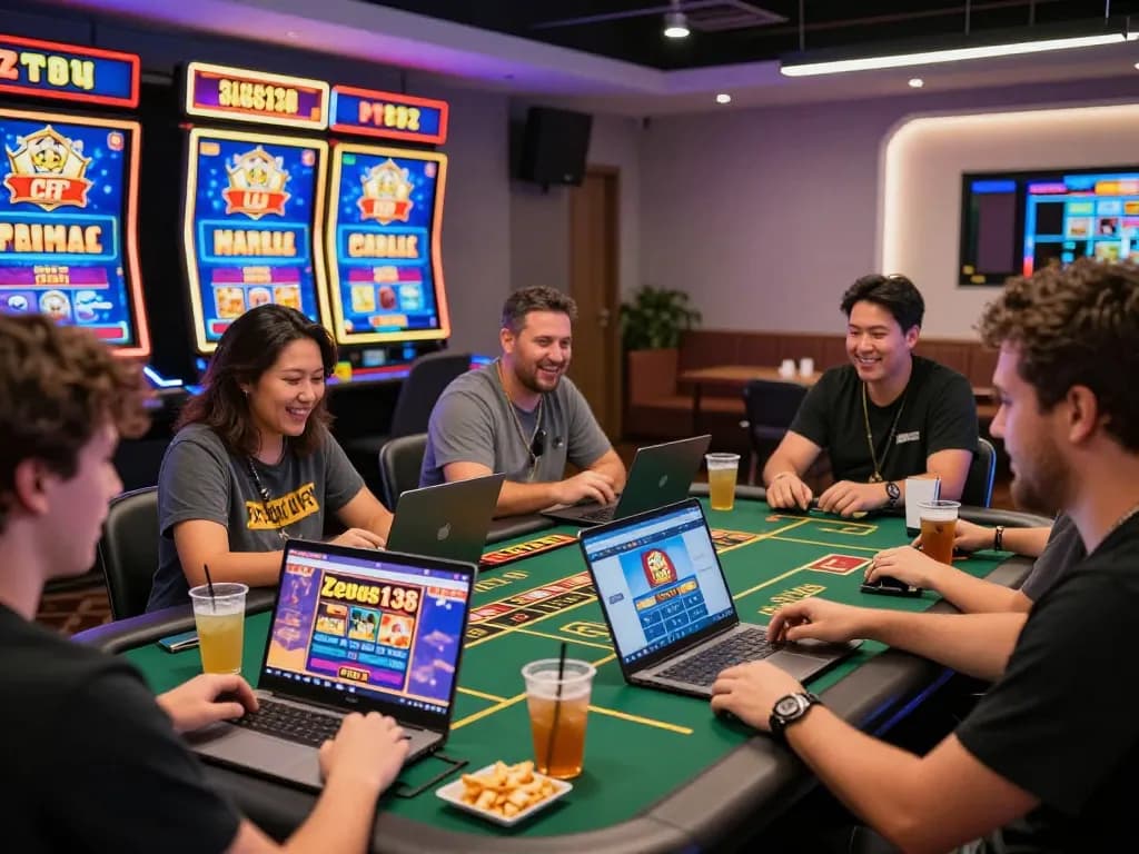 Players enjoying Zeus138 online slots at a vibrant gaming lounge with digital tables and engaging atmosphere.
