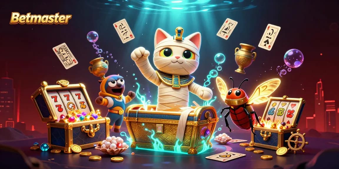 Experience the thrill of Betmaster with an Egyptian mummy cat unleashing treasures in a vibrant casino scene.