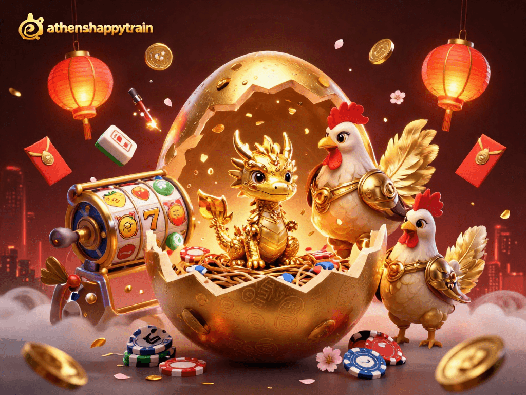 Athenshappytrain showcases a majestic golden baby dragon with poker chips, vibrant slot reels, and festive decorations.