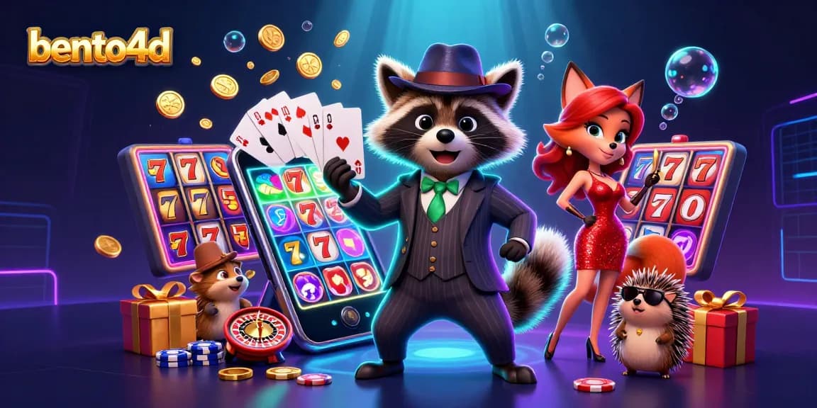 Bento4d menampilkan suasana kasino mewah dengan rakun yang anggun, rubah elegan, dan pengawal landak di antara elemen permainan slot yang dinamis.