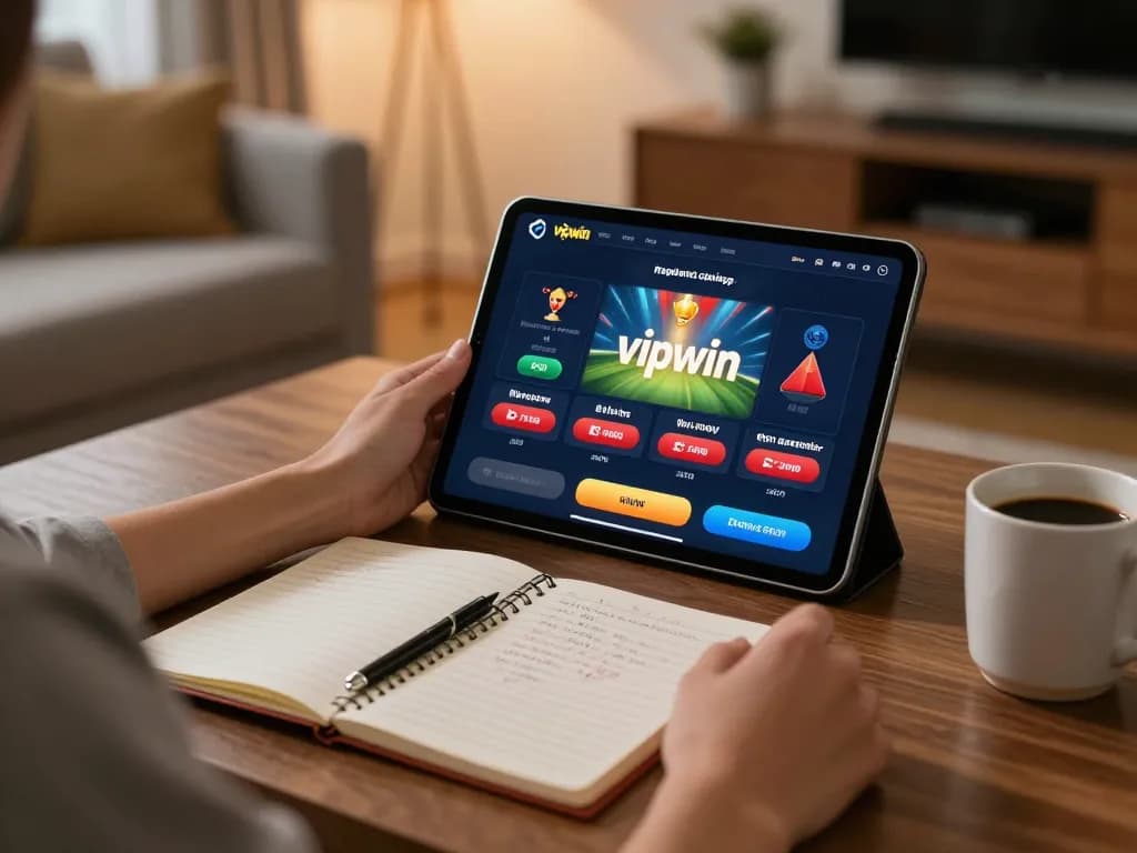 Engaging with the vipwin app on a tablet during a cozy home gaming session