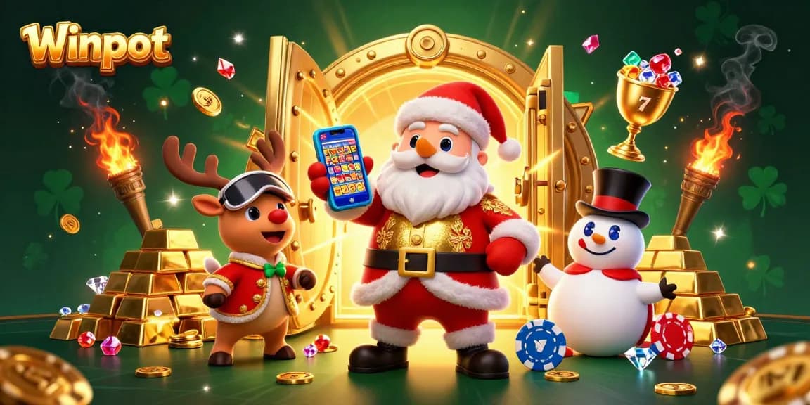 Winpot's Santa and friends celebrate with jackpot slots in a vibrant casino scene.