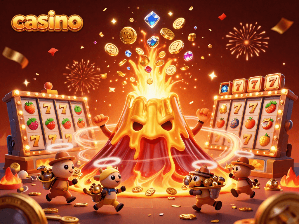 Experience vibrant casino action with a golden volcano erupting coins amidst exciting slot game elements.